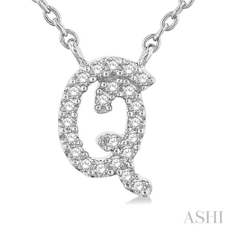 1/10 Ctw Initial 'Q' Round cut Diamond Pendant With Chain in 10K White Gold