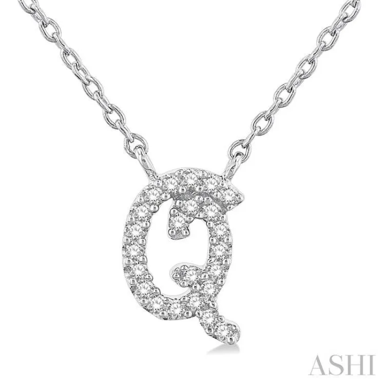 1/10 Ctw Initial 'Q' Round cut Diamond Pendant With Chain in 10K White Gold