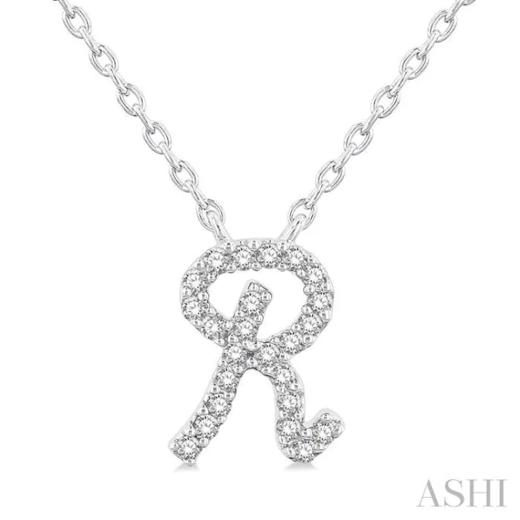 1/20 Ctw Initial 'R' Round cut Diamond Pendant With Chain in 14K White Gold