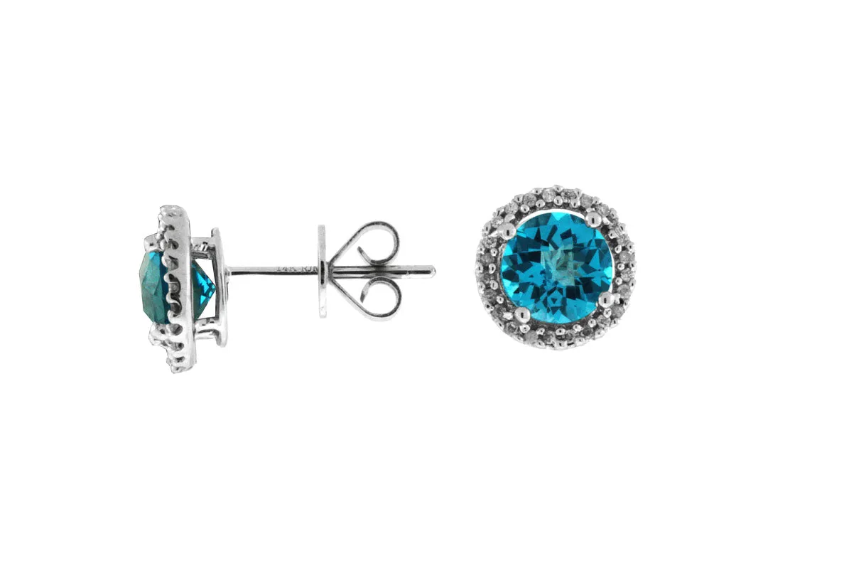 14K White Gold Blue Topaz and Diamond Stud Earrings