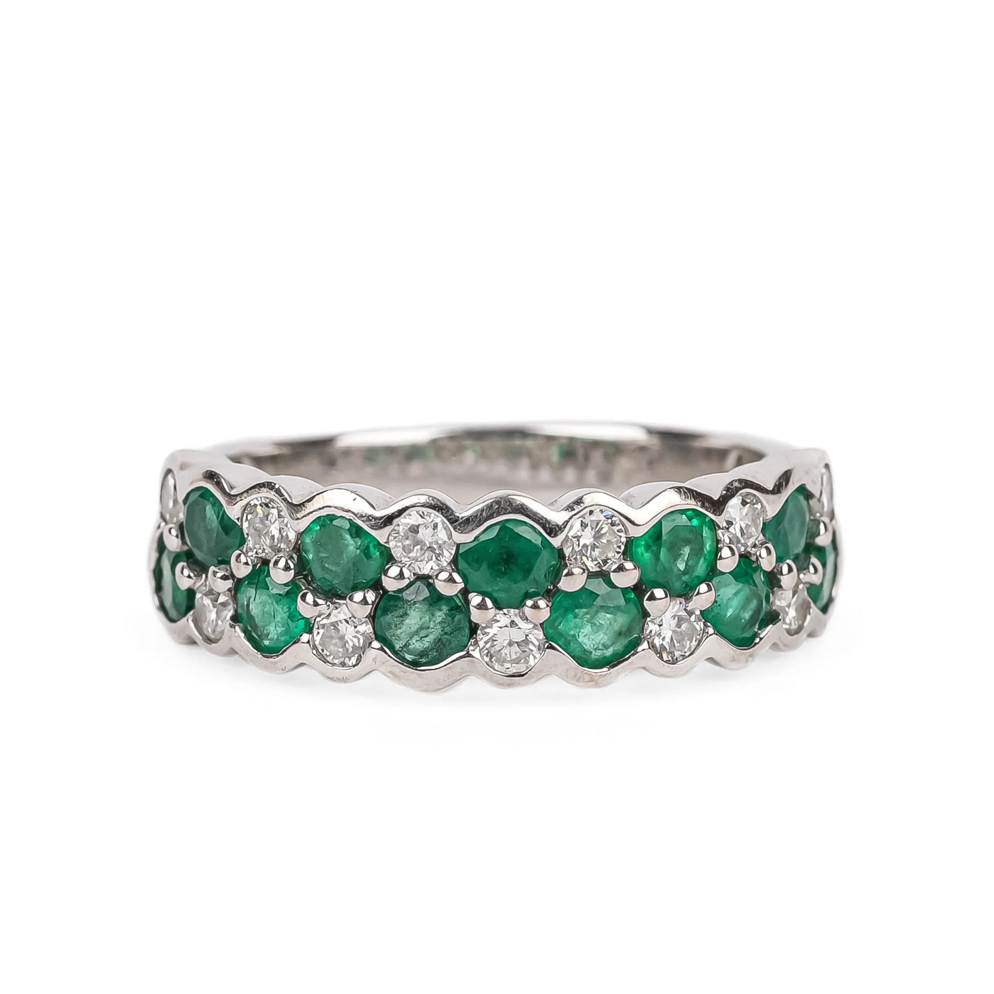 14K White Gold Emerald & Diamond Half Band Ring