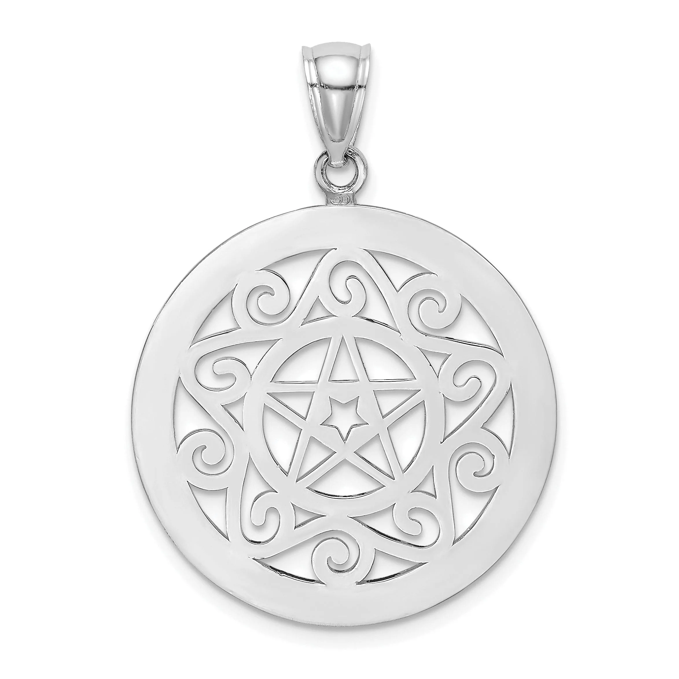 14K White Gold Polished Finish Tribal Star In Round Circle Frame Design Pendant