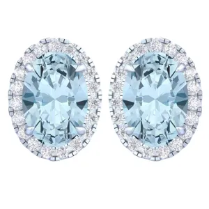 14k White Gold Vivid Blue Oval Cut 4.60 Ct Lab-Grown Diamond Halo Stud Earrings