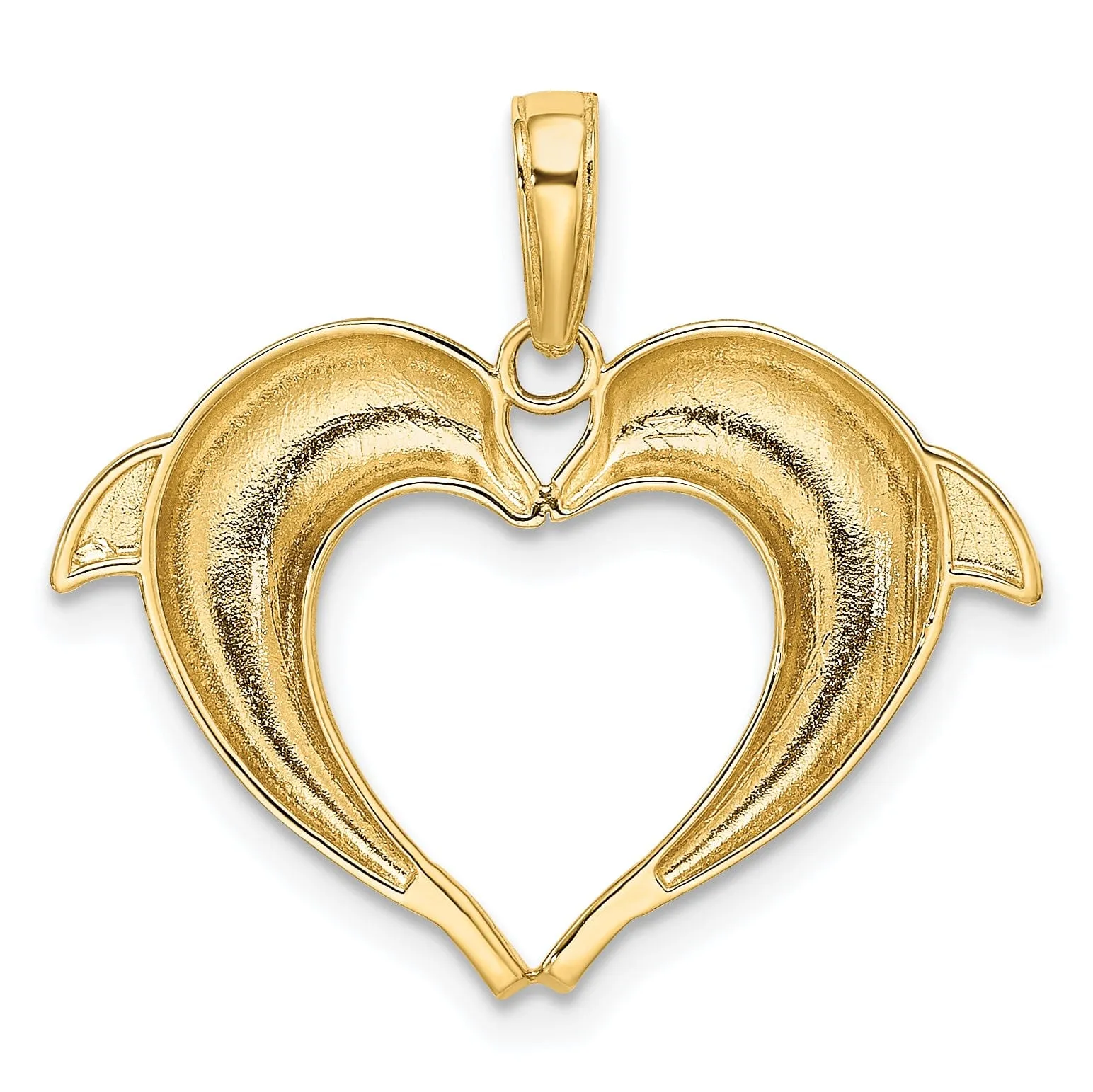 14k Yellow Gold White Rhodium Polished Finish Semi Solid Double Dolphin Heart Design Charm Pendant