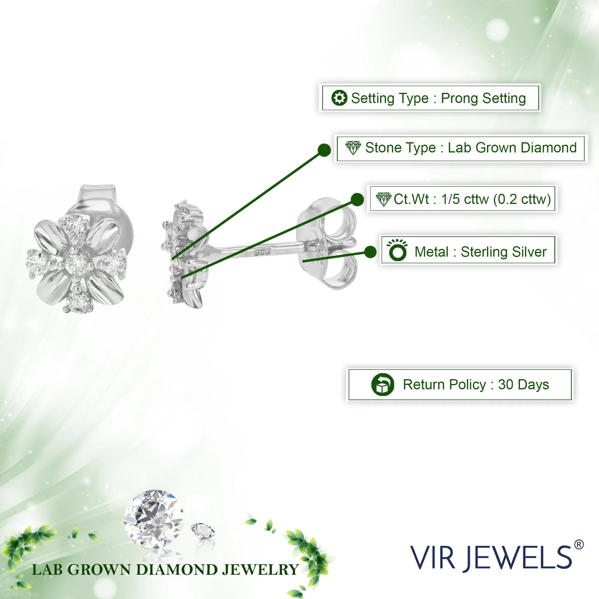 1/5 cttw Lab Grown Diamond Snowflake Stud Earring Sterling Silver