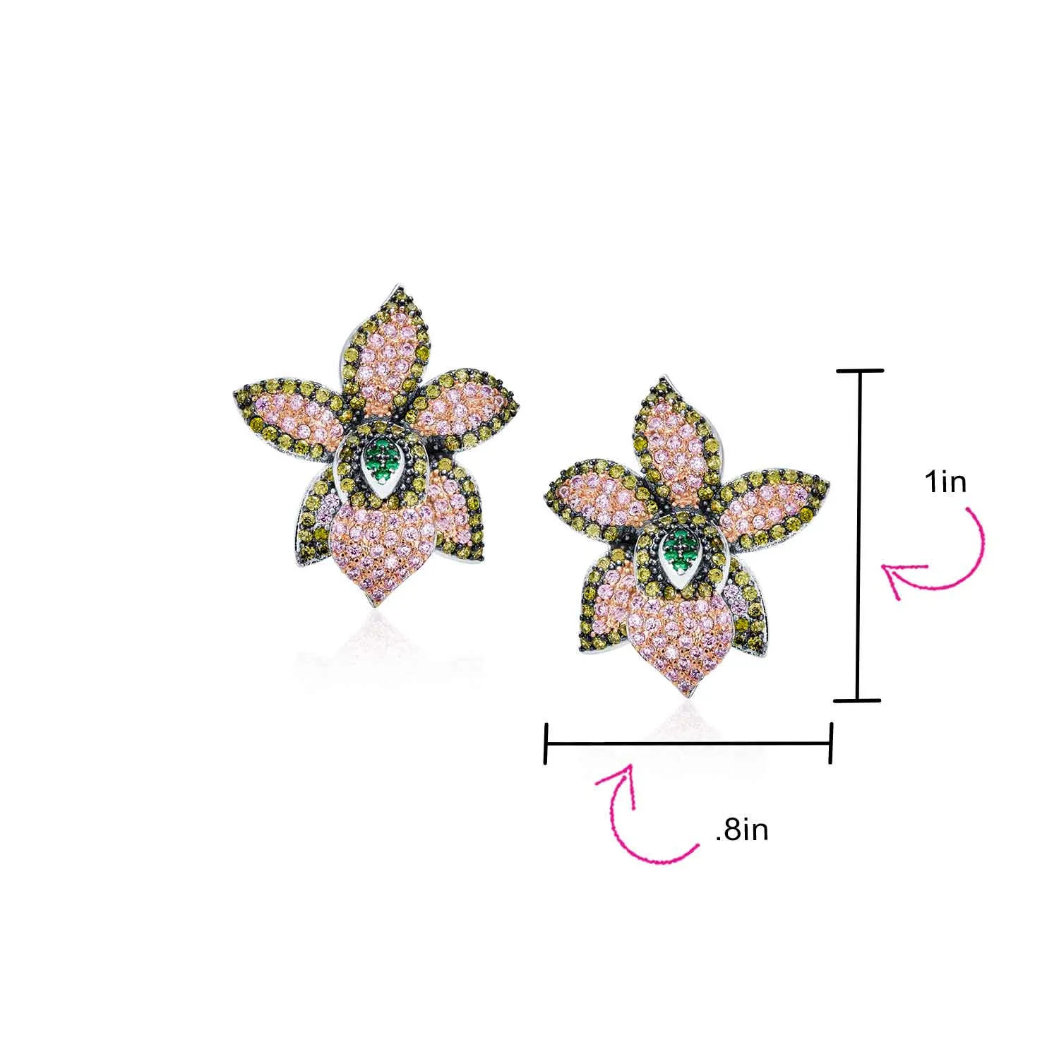 3D Pink Orchid Flower Shaped Pave CZ Stud Earrings Silver Plated