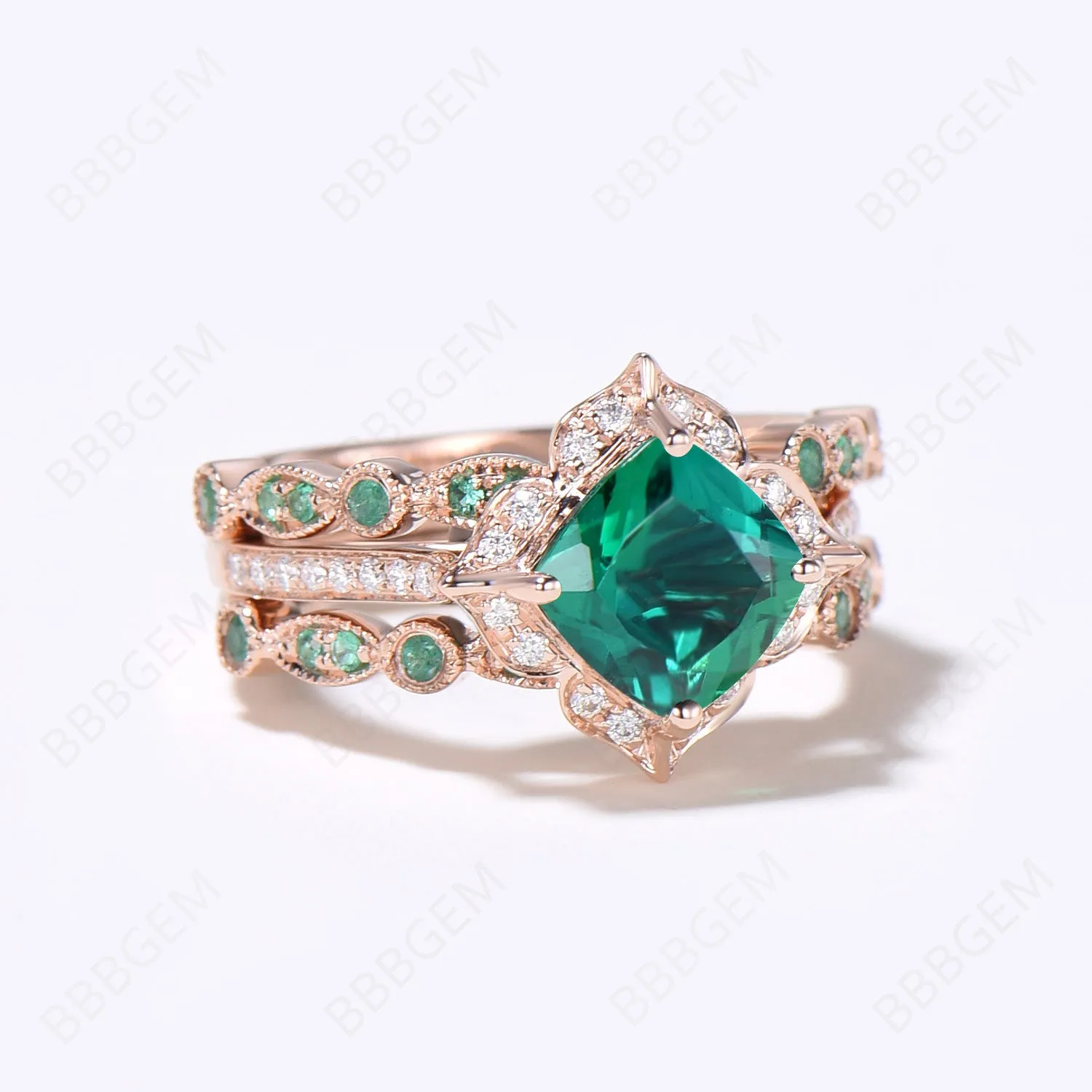 3PCS Flower Emerald Ring Set Halo Diamond Engagement Ring