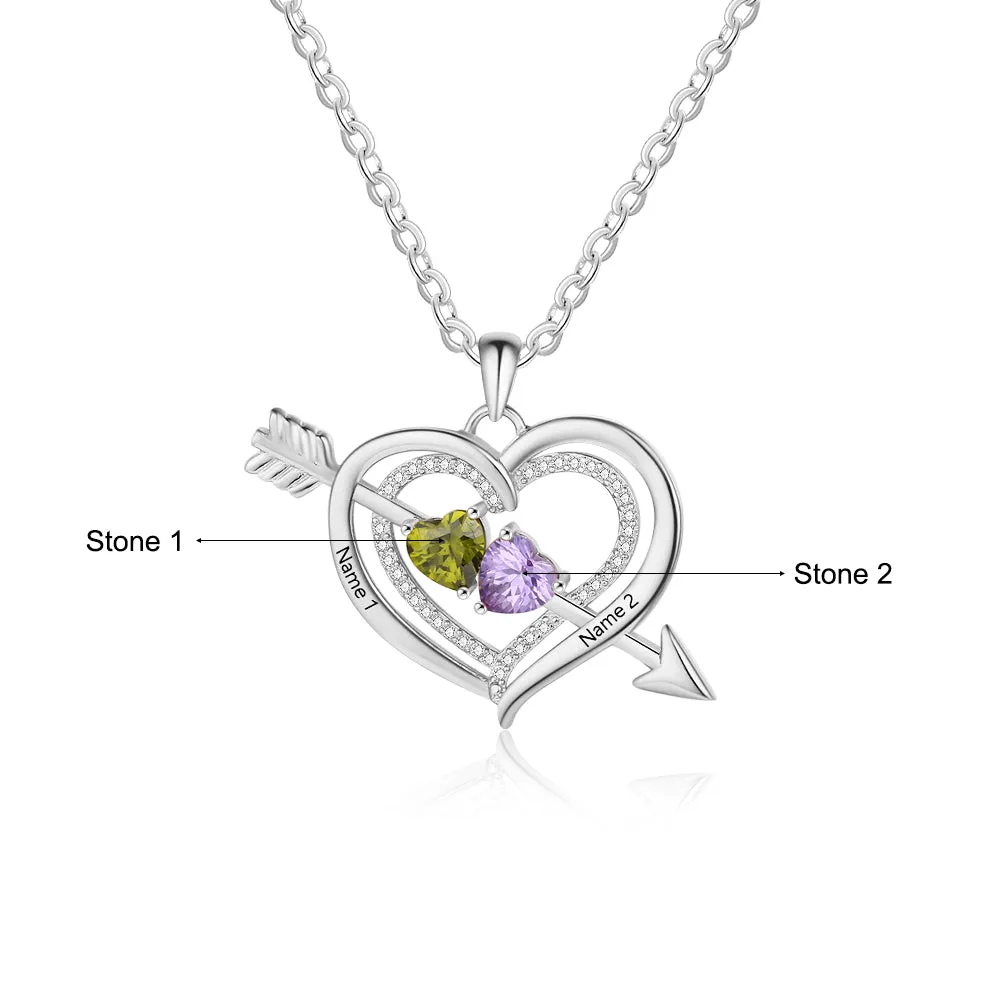 925 Silver Personalized Names Arrow and Heart Shape Necklace with Heart Shape Birthstones