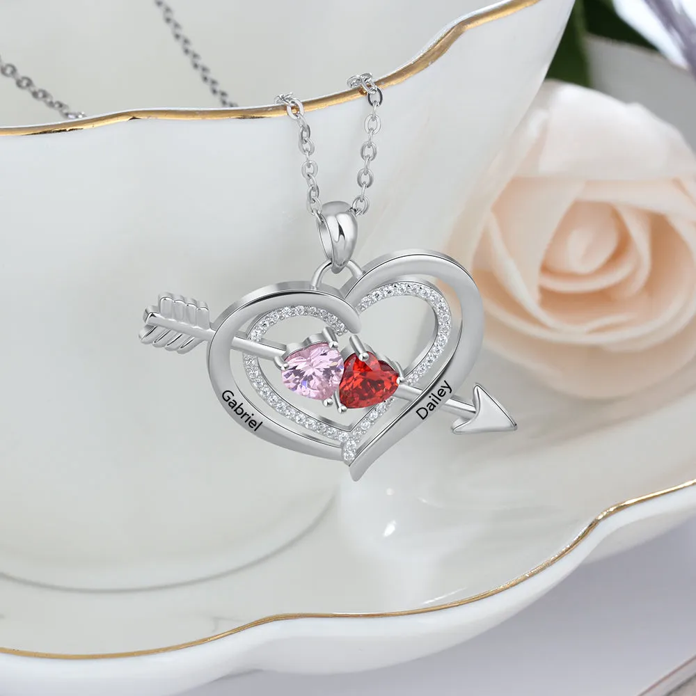 925 Silver Personalized Names Arrow and Heart Shape Necklace with Heart Shape Birthstones