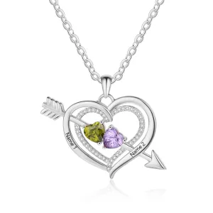 925 Silver Personalized Names Arrow and Heart Shape Necklace with Heart Shape Birthstones