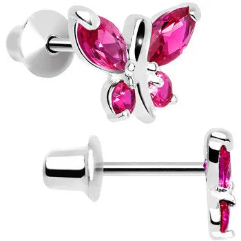 .925 Sterling Silver Pink CZ Butterfly Youth Screwback Earrings