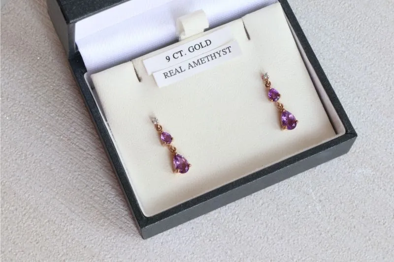 9ct Diamond and Amethyst Drop Earrings