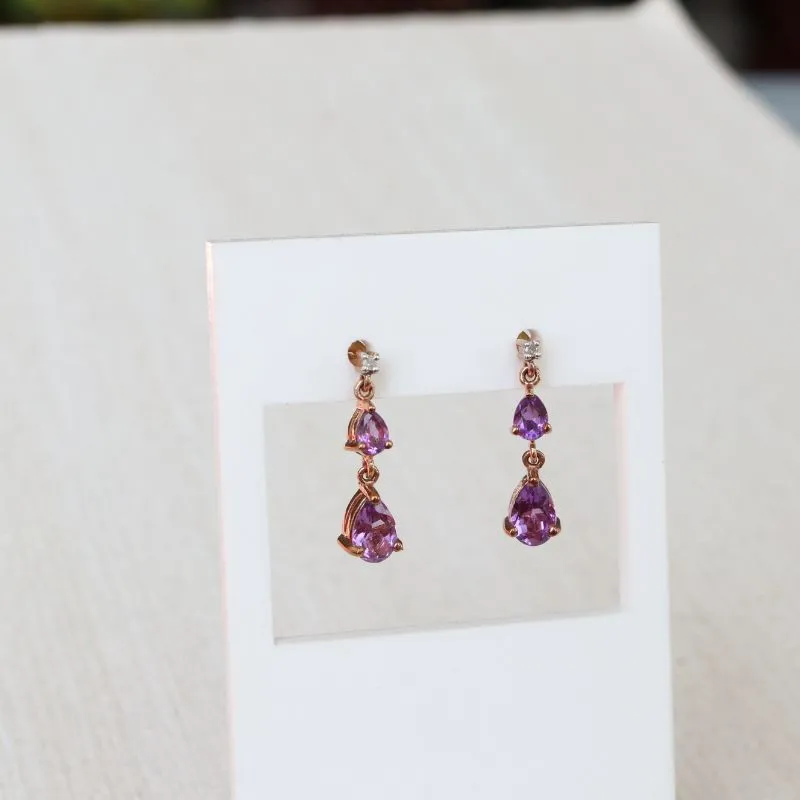 9ct Diamond and Amethyst Drop Earrings