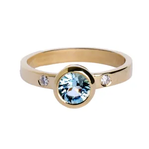 9ct yellow gold ring with aquamarine & diamonds 3mm flat band size O