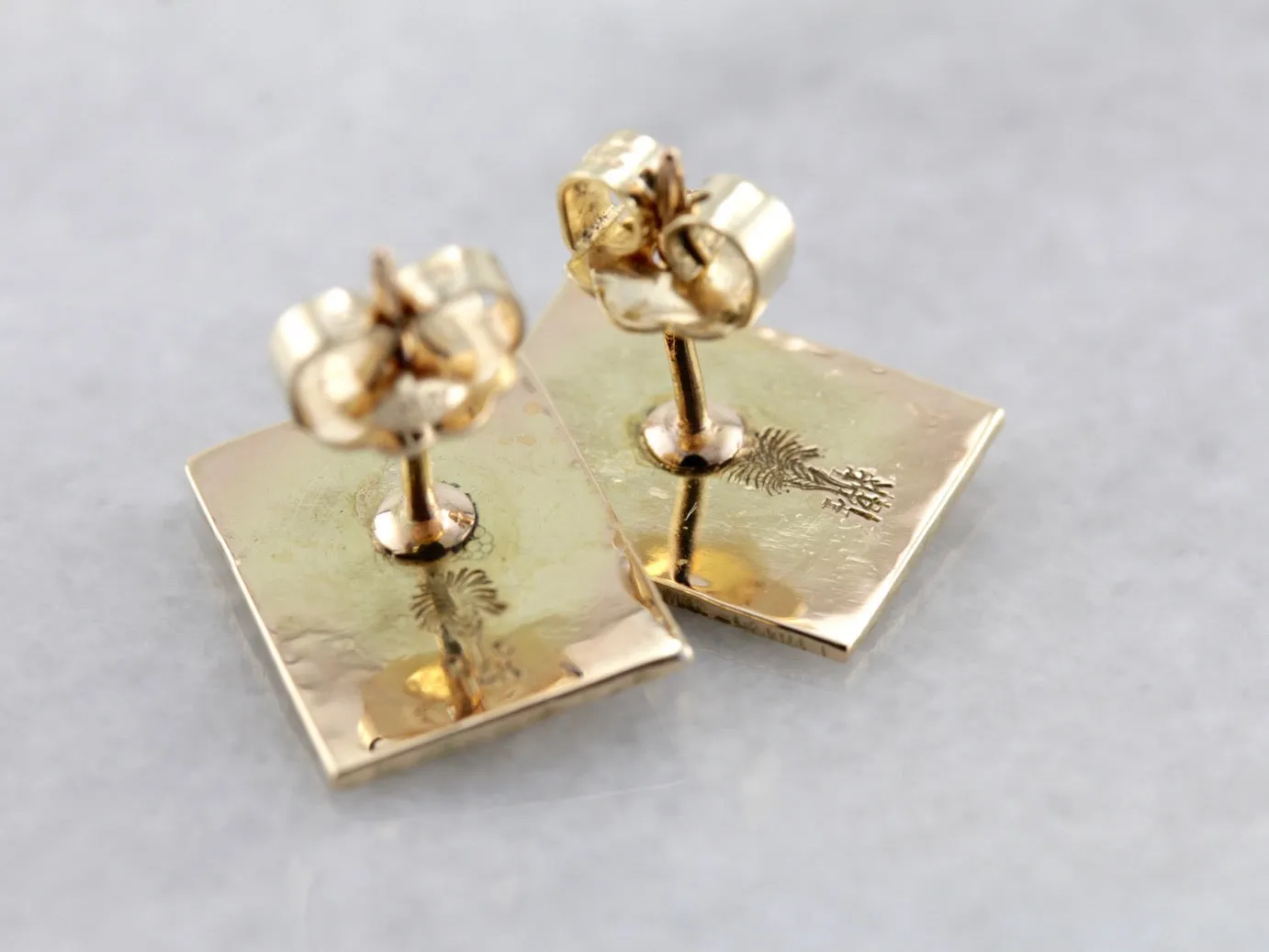 Abstract Gold Earrings, Stud Earrings with Hammered Gold Nuggets in Rectangle Frame