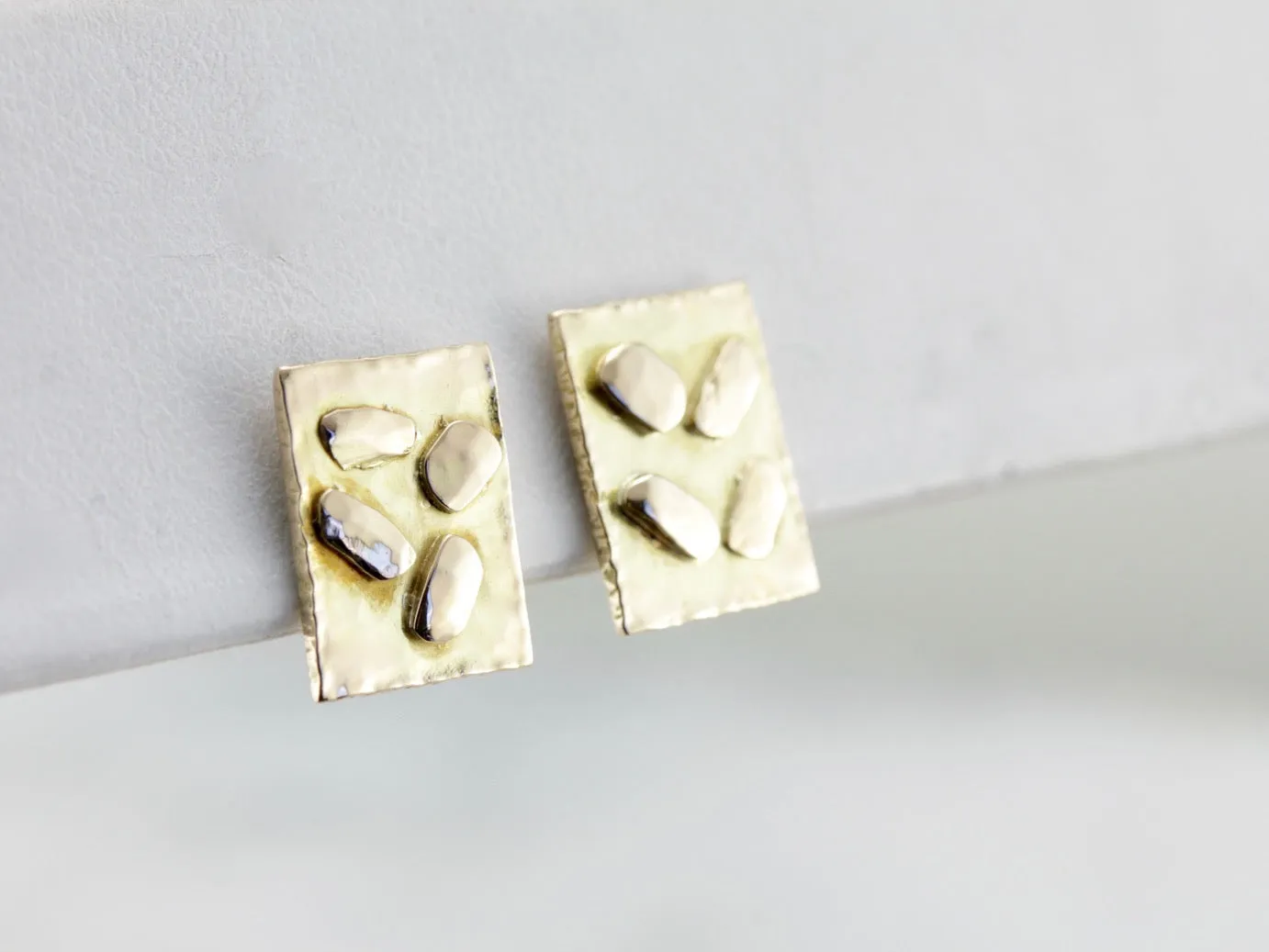 Abstract Gold Earrings, Stud Earrings with Hammered Gold Nuggets in Rectangle Frame