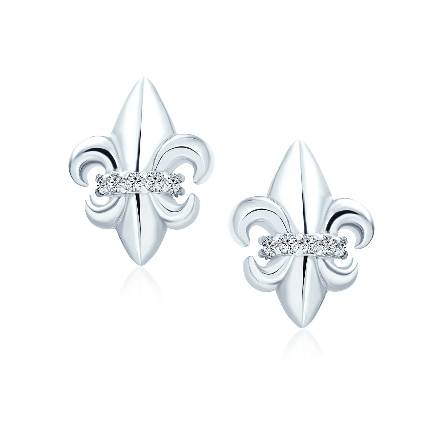 Ancient Symbol Lily Flower Fleur De Lis Stud Earring CZ .925 Sterling Silver