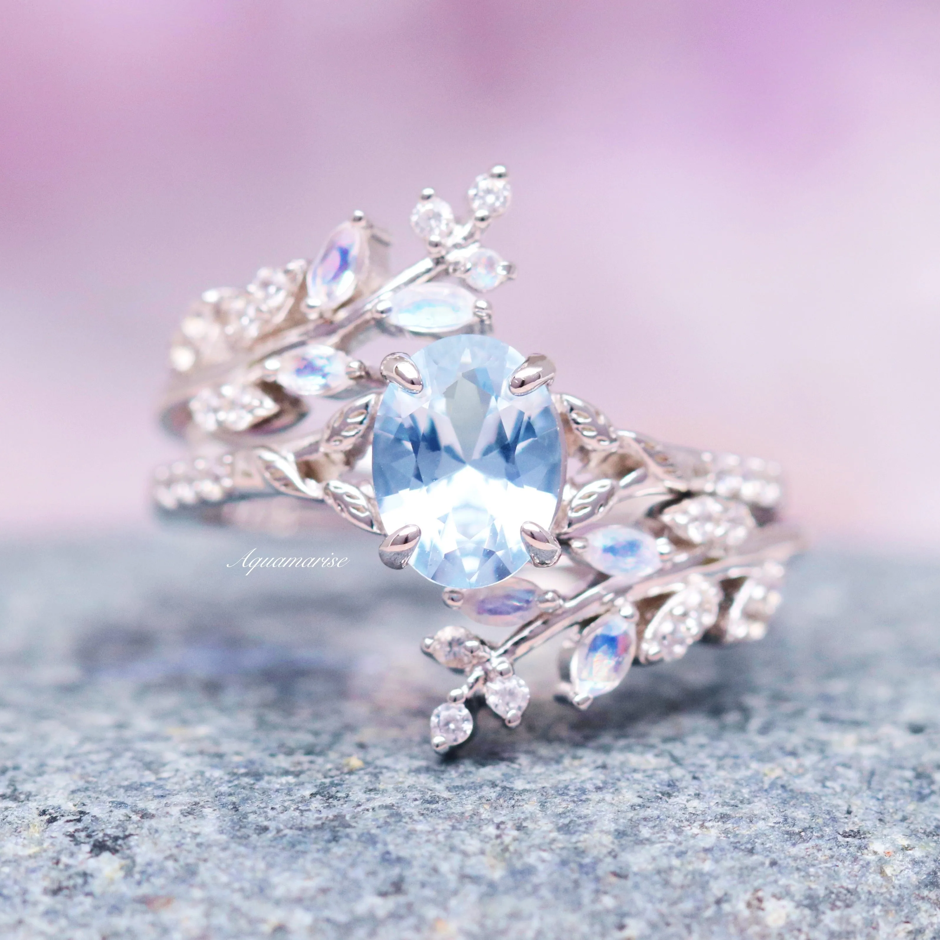 Aquamarine & Moonstone Fairy Leaf Ring Set-  Sterling Silver