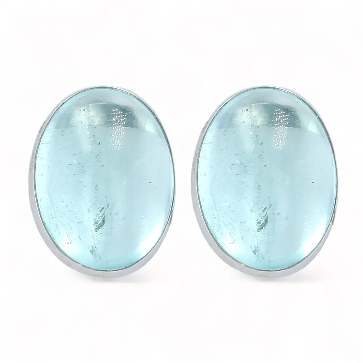 Big oval natural 17.5 CT natural aqua marine platinum bezel studs earrings-4081