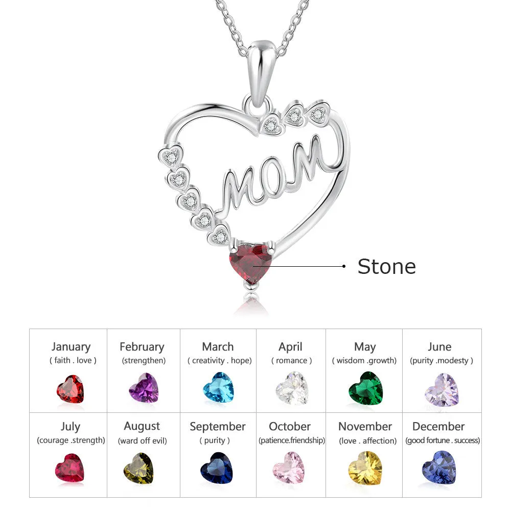 Birthstone Rhodium Plated Heart Shape Mom Necklace