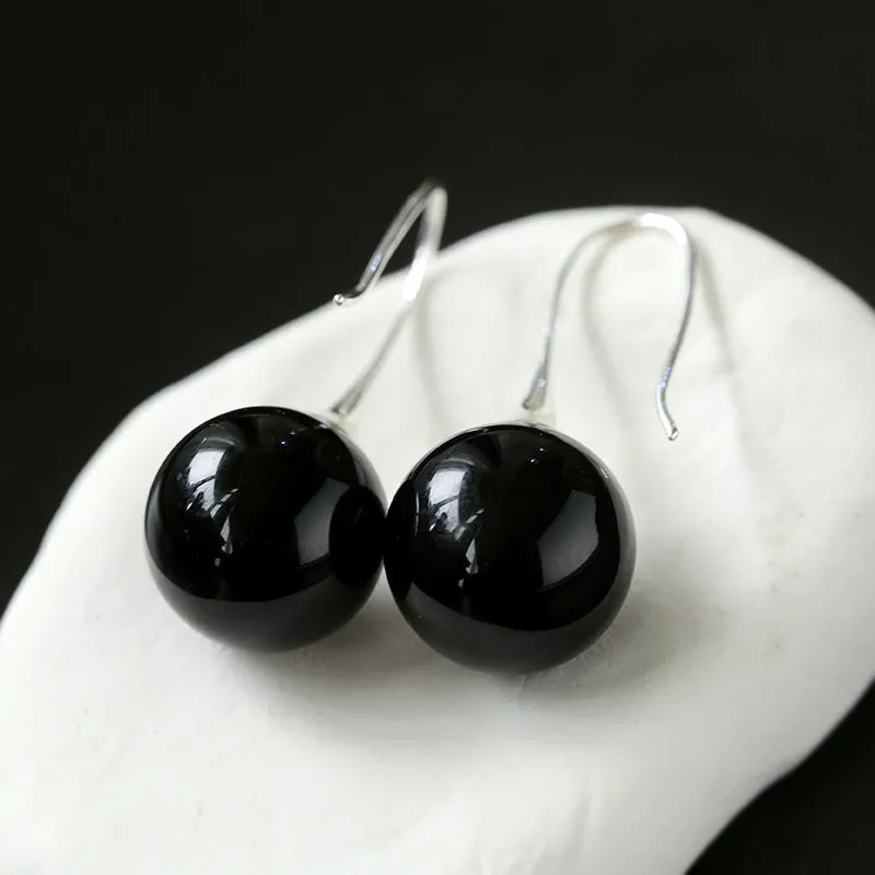 Black Agate White Crystals Pearl Ear Hooks Drop Earrings