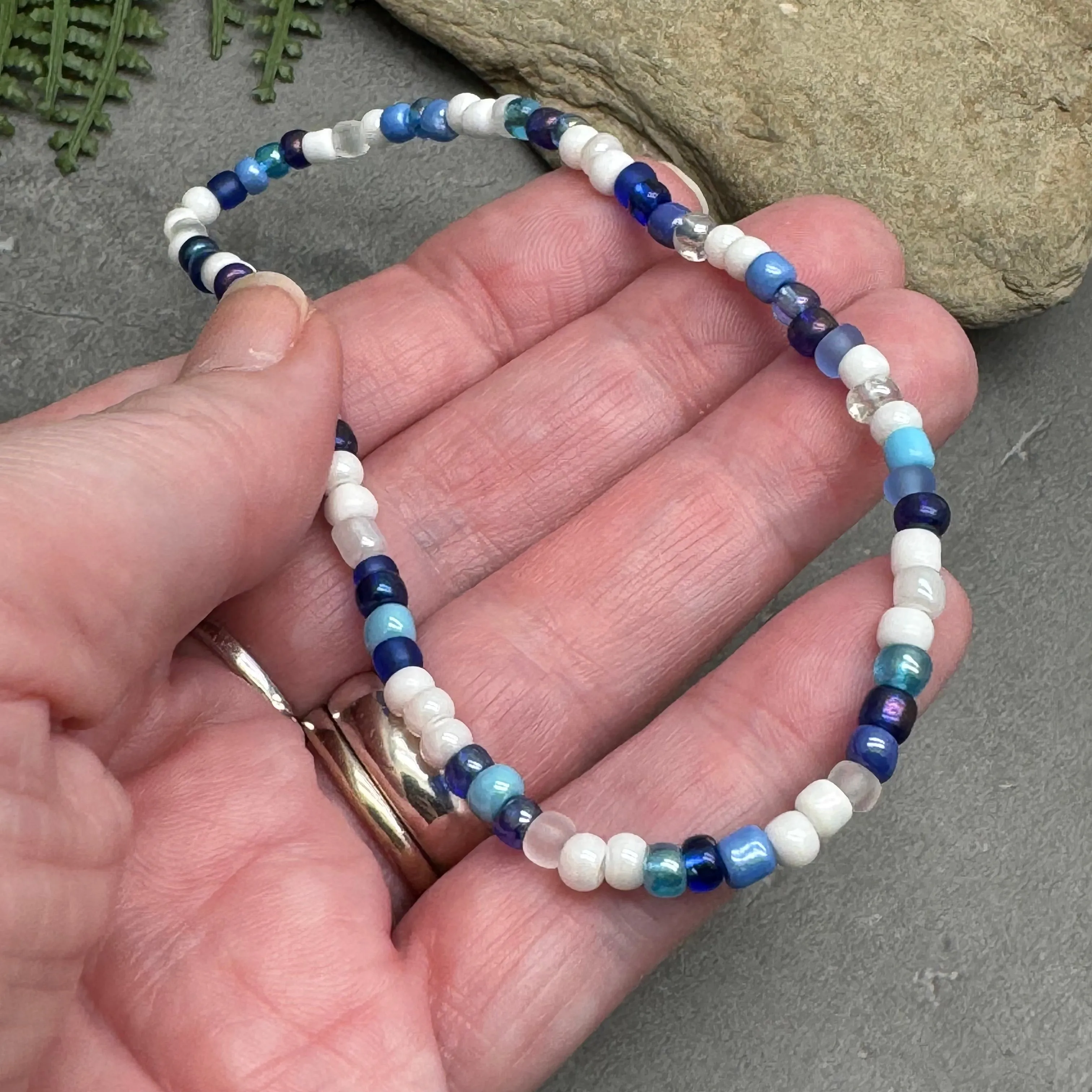 Blue and White Glass Seed Bead Anklet