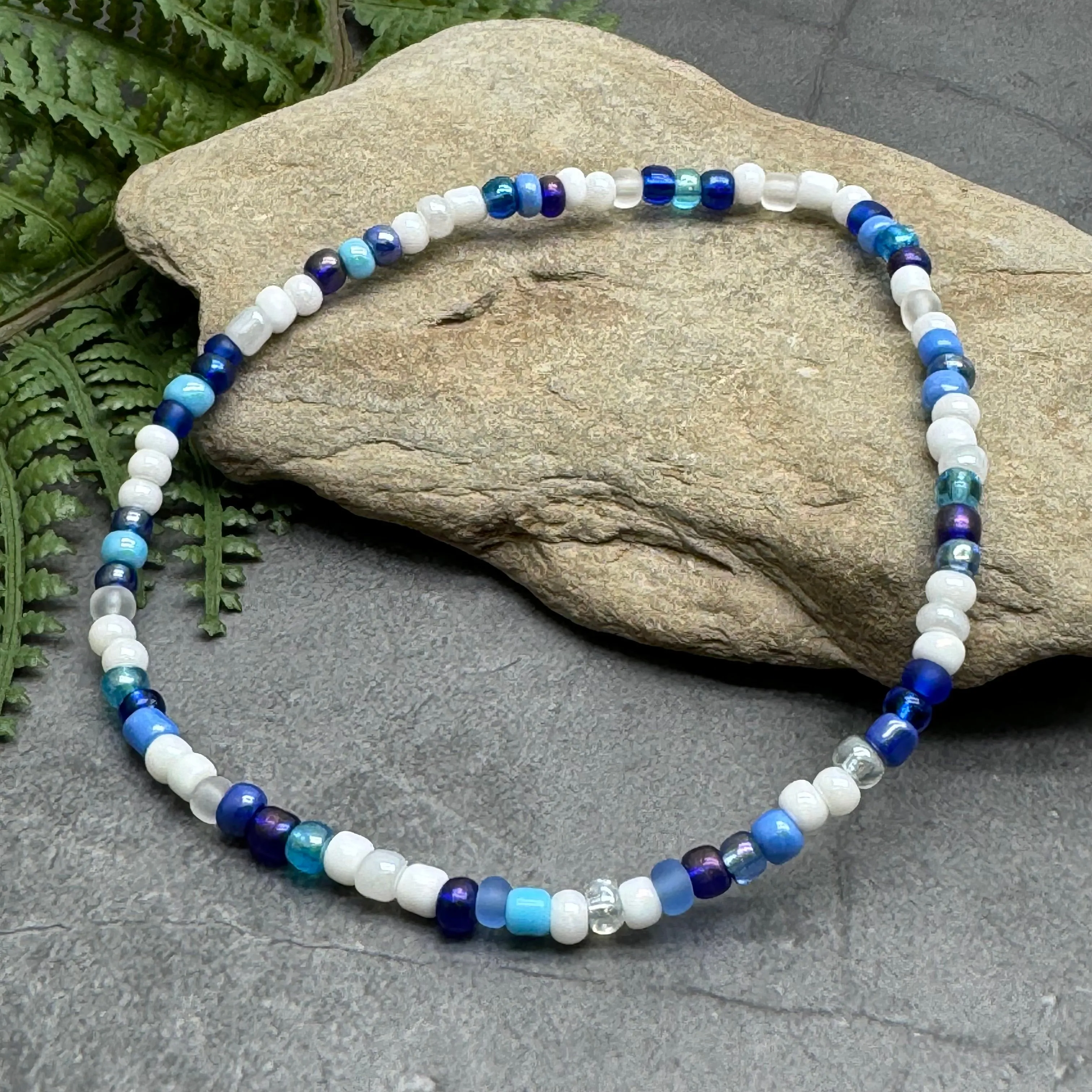 Blue and White Glass Seed Bead Anklet