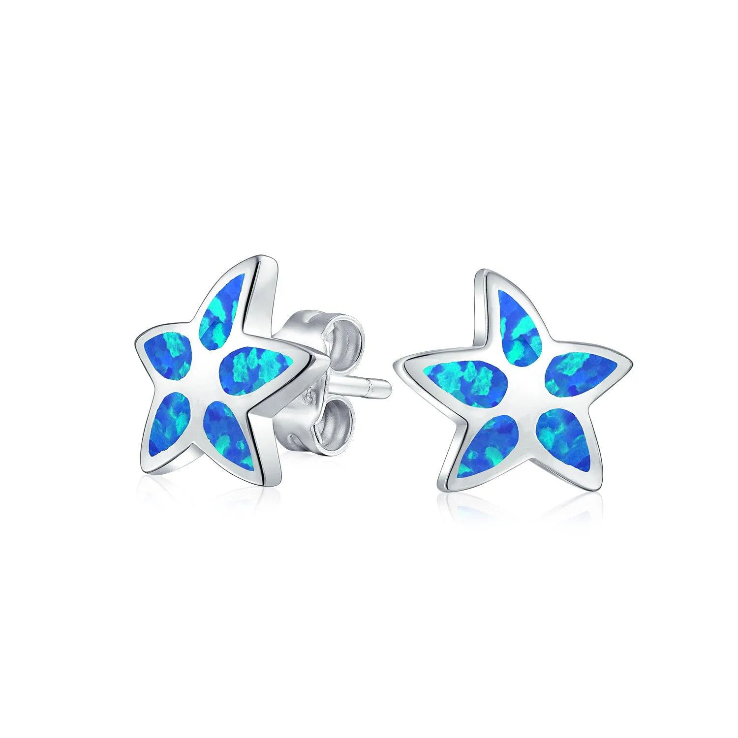 Blue Opal Starfish Stud Earrings Sterling Silver October Birthstone Ocean Theme