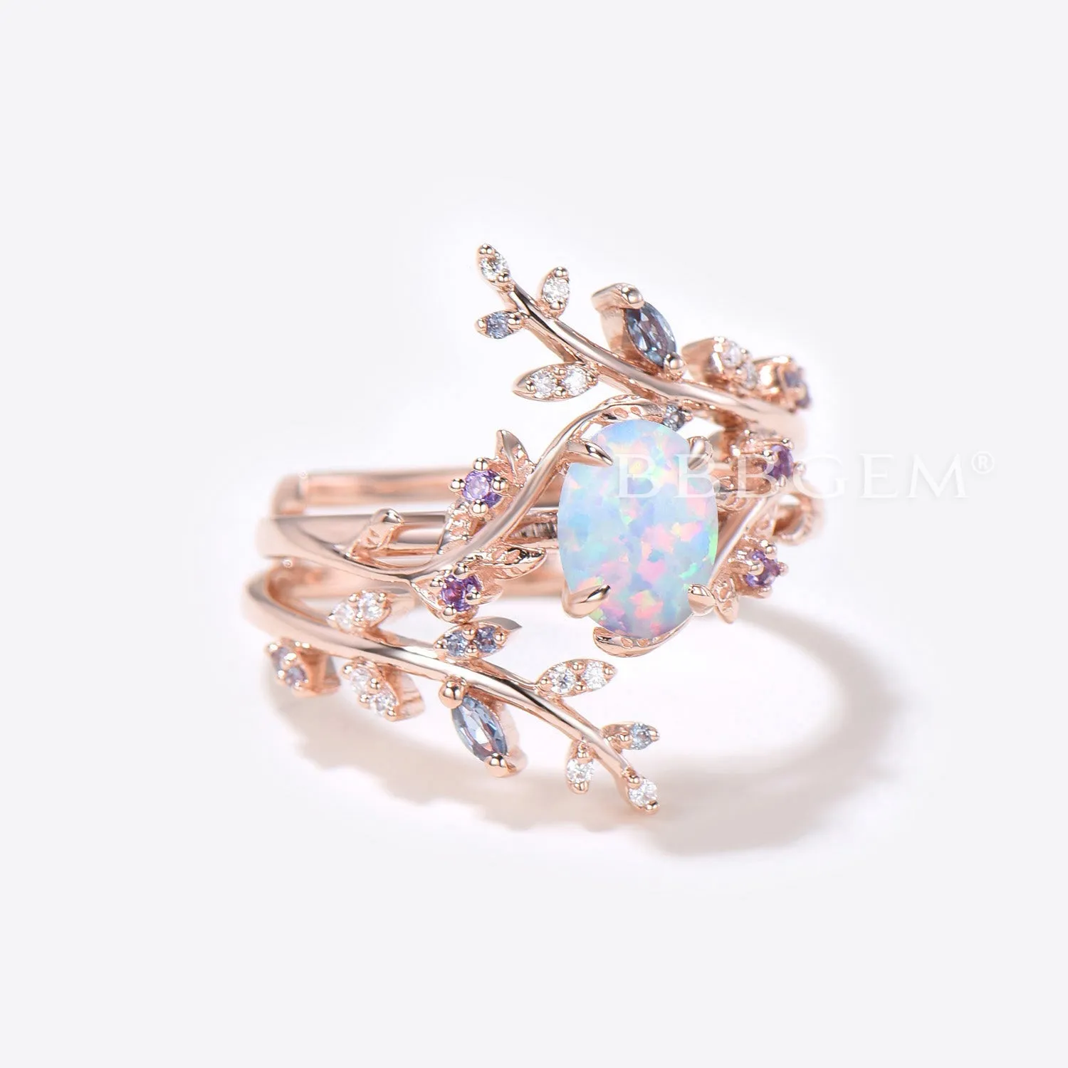 Branch Opal Engagement Ring Oval White Opal Bridal Set Nature Inspired Leaf Alexandrite Ring Rose Gold Wedding Band Enhancer Guard Ring