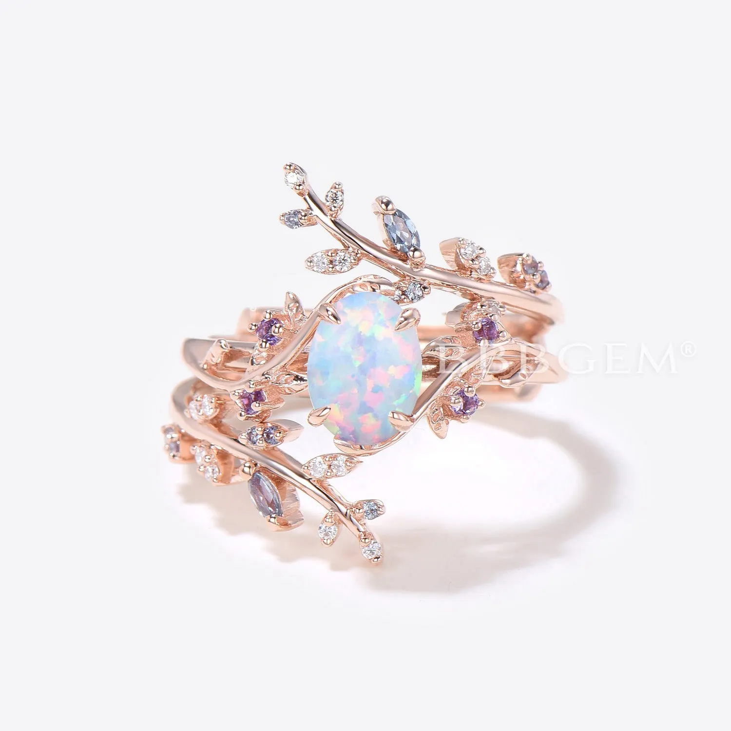 Branch Opal Engagement Ring Oval White Opal Bridal Set Nature Inspired Leaf Alexandrite Ring Rose Gold Wedding Band Enhancer Guard Ring