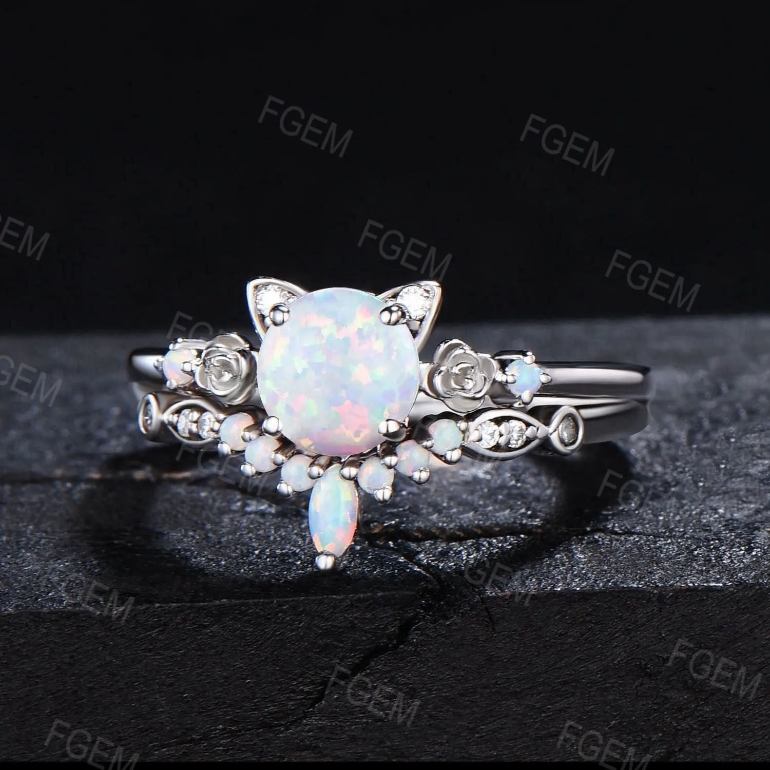 Cat Design 1ct Round Opal Engagement Ring Set White Gold Cat Ring Floral Opal Cluster Bridal Set October Birthstone Cat Lover Proposal Gift