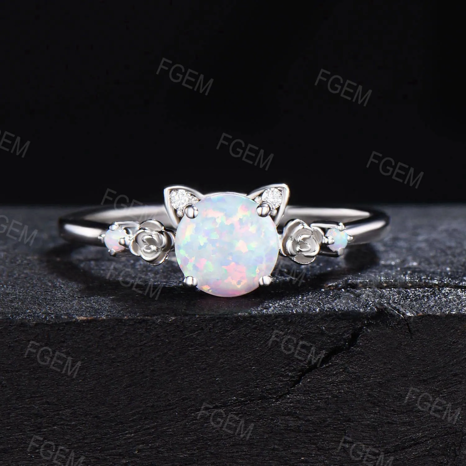 Cat Design 1ct Round Opal Engagement Ring Set White Gold Cat Ring Floral Opal Cluster Bridal Set October Birthstone Cat Lover Proposal Gift