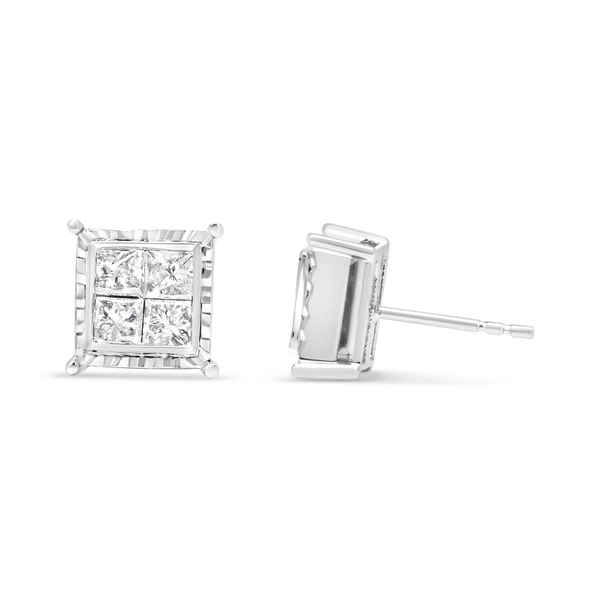 Contemporary 14K White Gold Invisible Set Princess-Cut Diamond Earrings with 1.5 Carats Total Weight