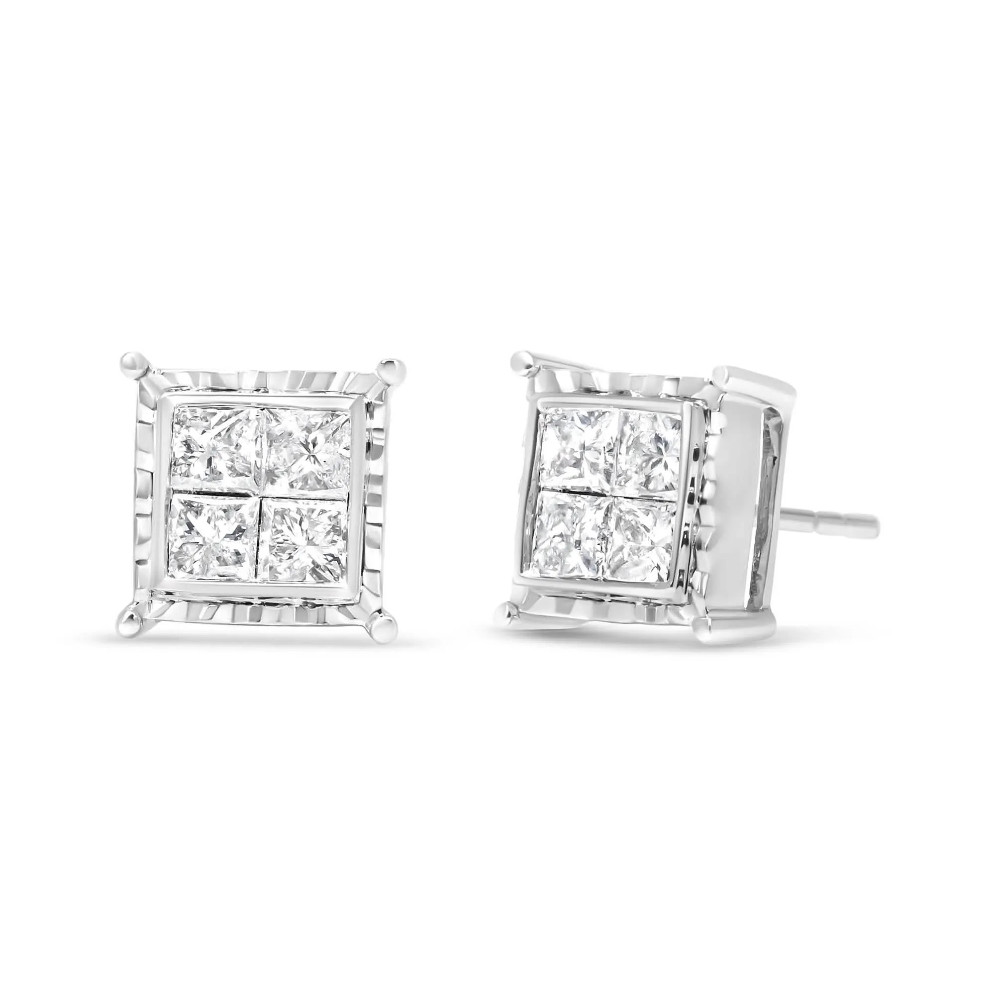 Contemporary 14K White Gold Invisible Set Princess-Cut Diamond Earrings with 1.5 Carats Total Weight