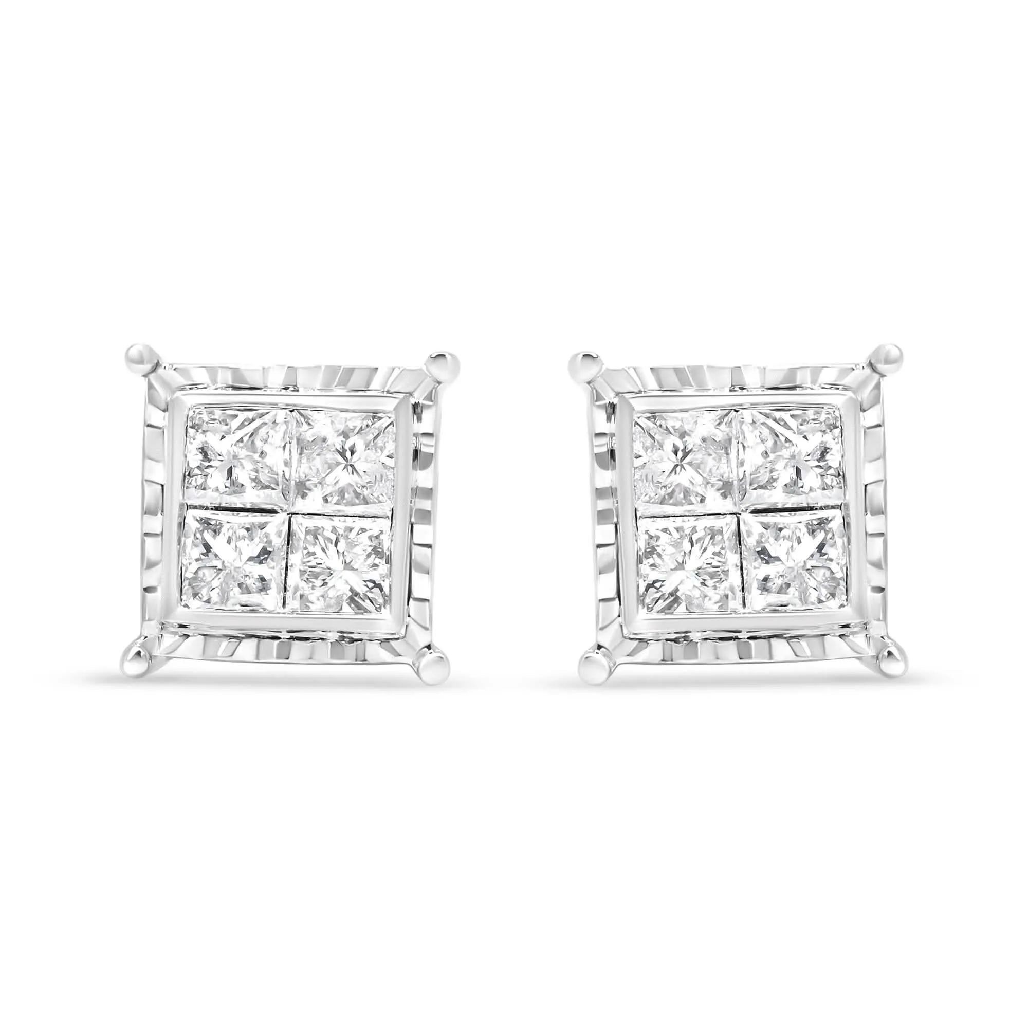 Contemporary 14K White Gold Invisible Set Princess-Cut Diamond Earrings with 1.5 Carats Total Weight