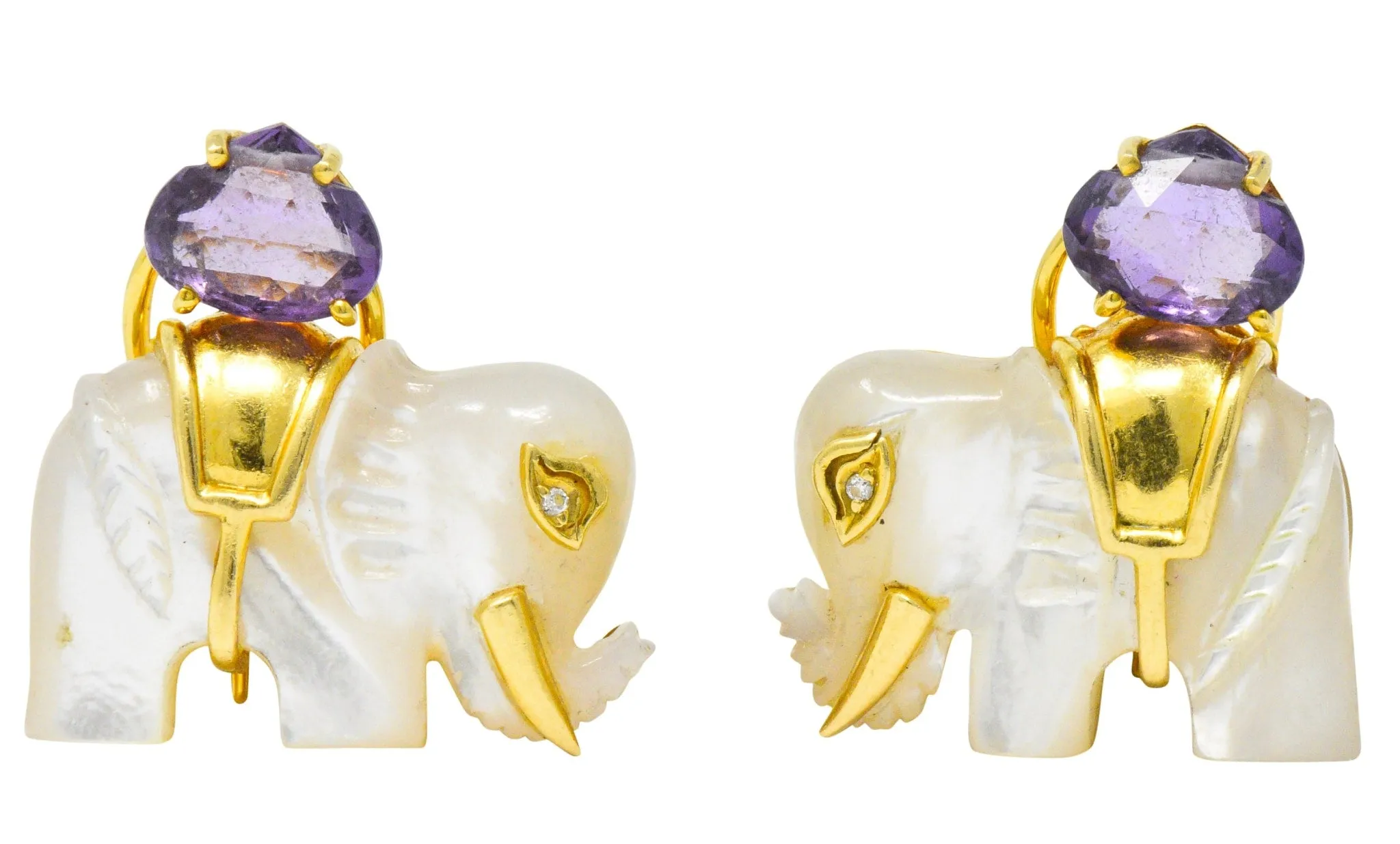 Contemporary Mother-Of-Pearl Amethyst Diamond 18 Karat Gold Elephant Earrings