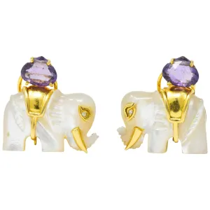 Contemporary Mother-Of-Pearl Amethyst Diamond 18 Karat Gold Elephant Earrings