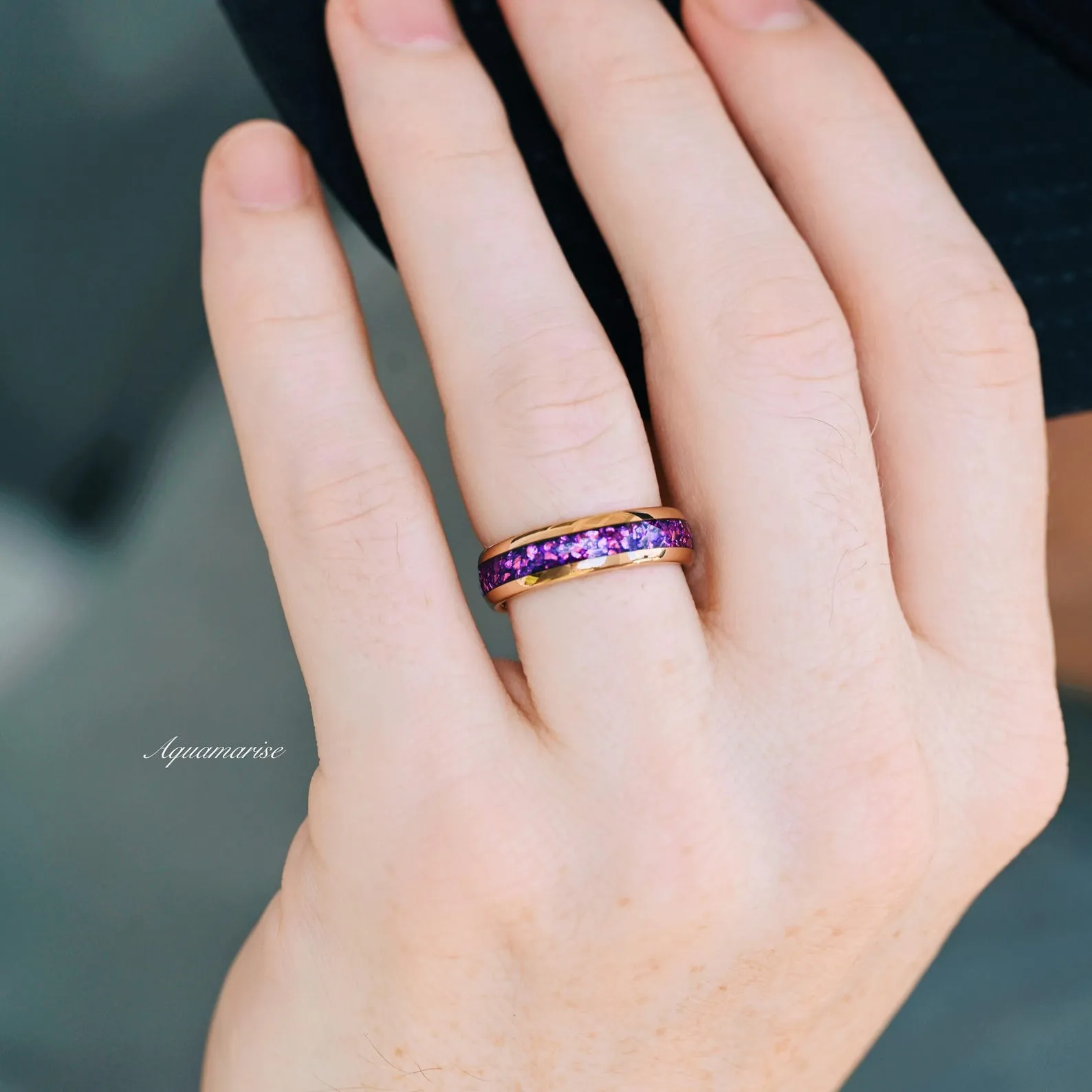 Crushed Amethyst Wedding Band- 6MM Rose Gold Tungsten