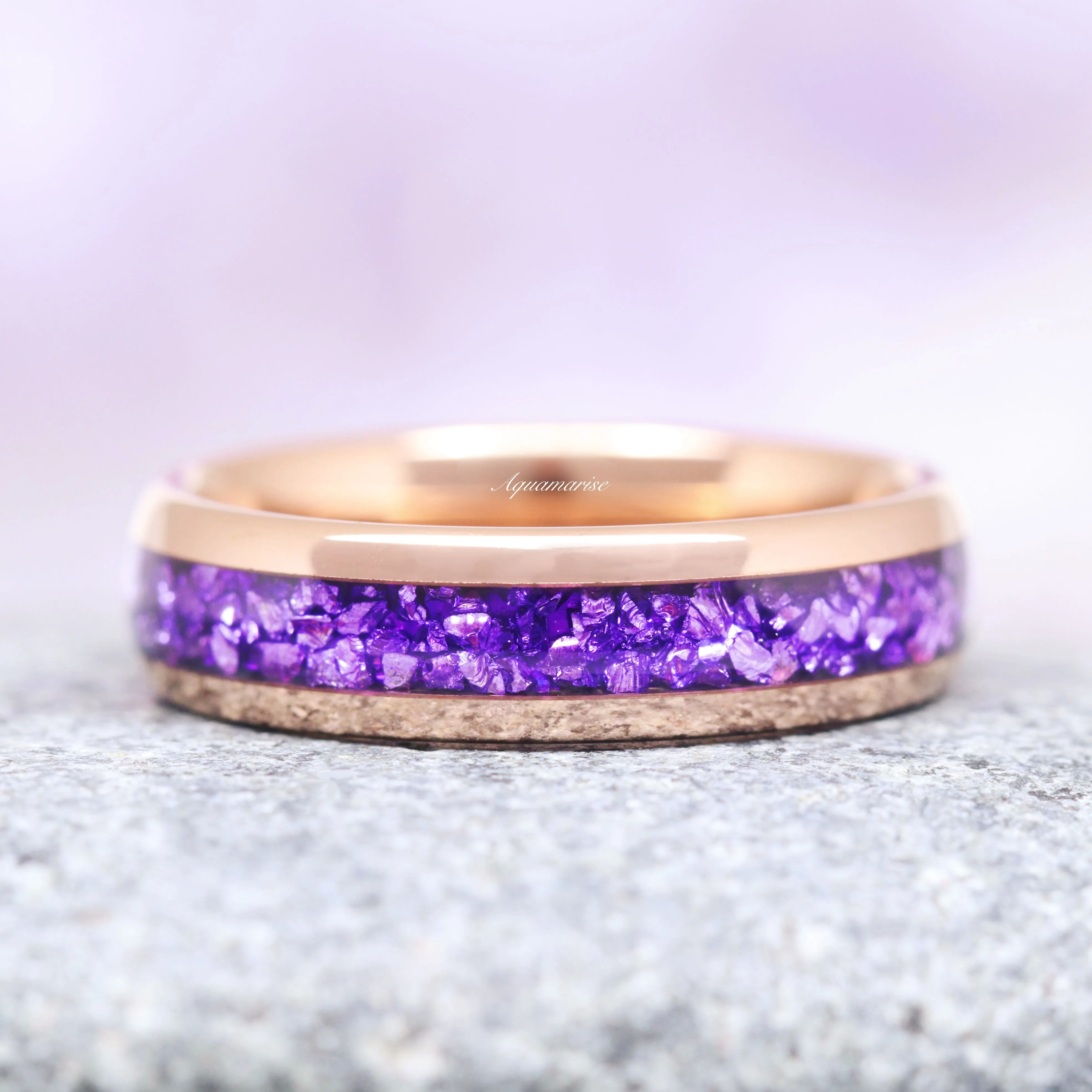 Crushed Amethyst Wedding Band- 6MM Rose Gold Tungsten