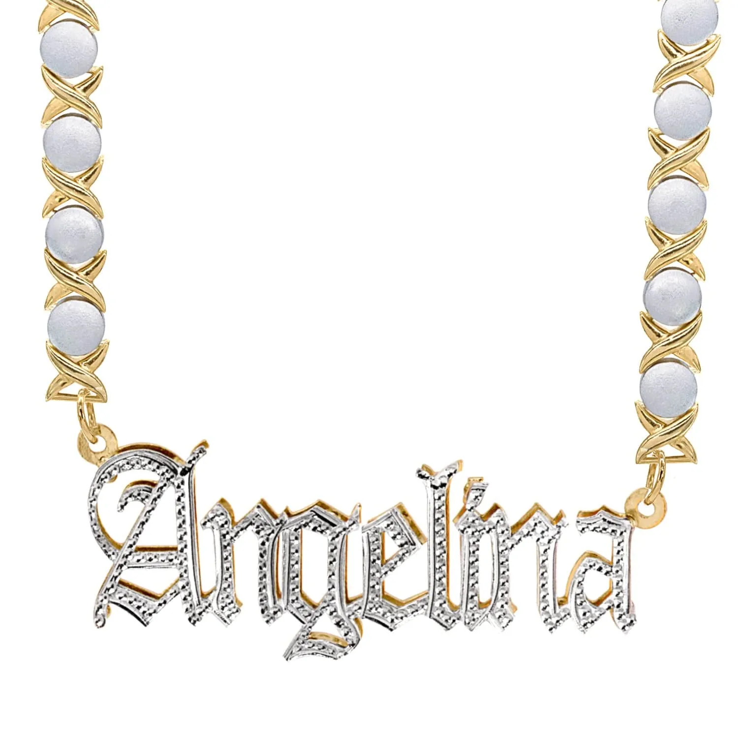 Double Plated Name Necklace Angelina with Rhodium Xoxo Chain