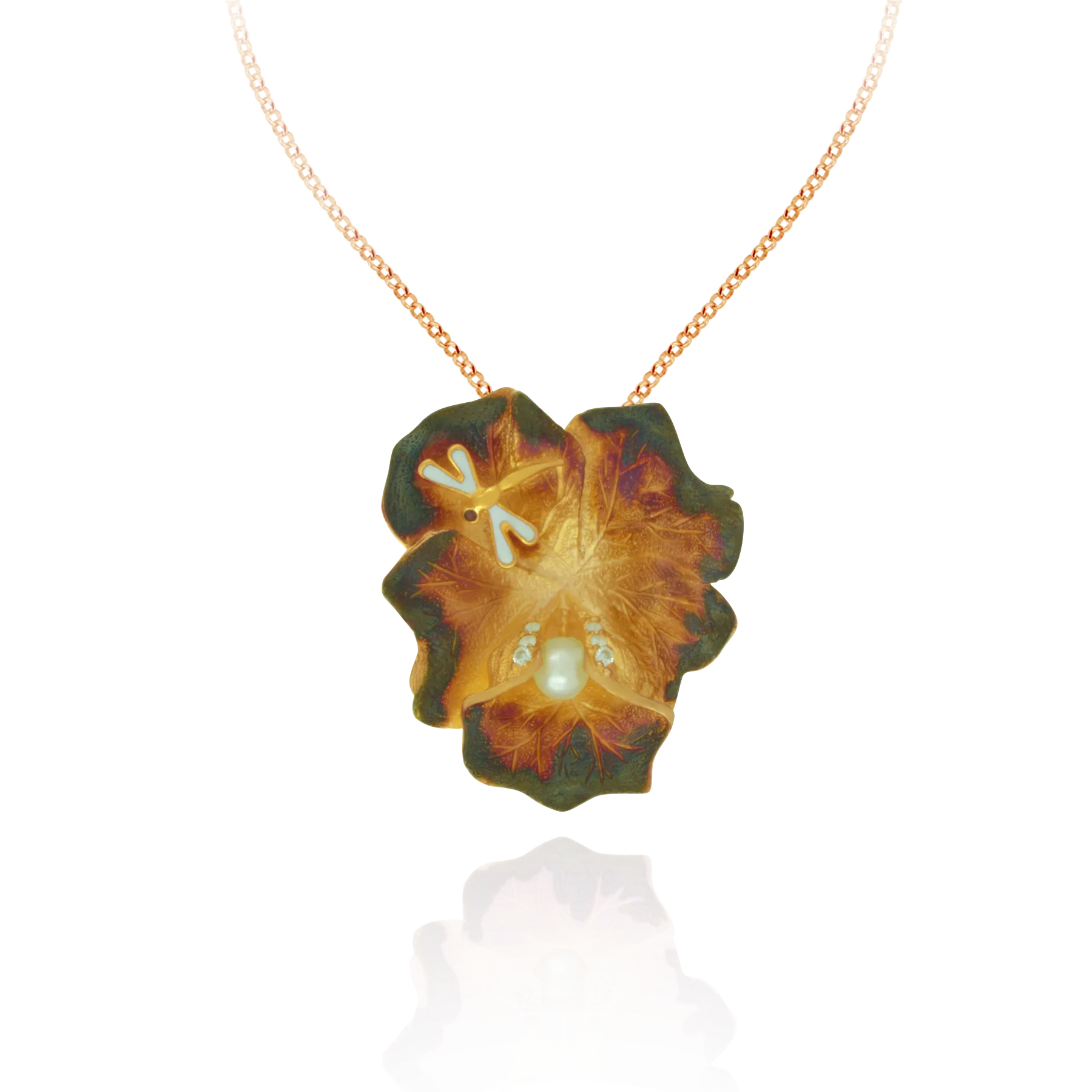 Ember Leaf with Enamel Dragonfly and Accented Pearl Pendant