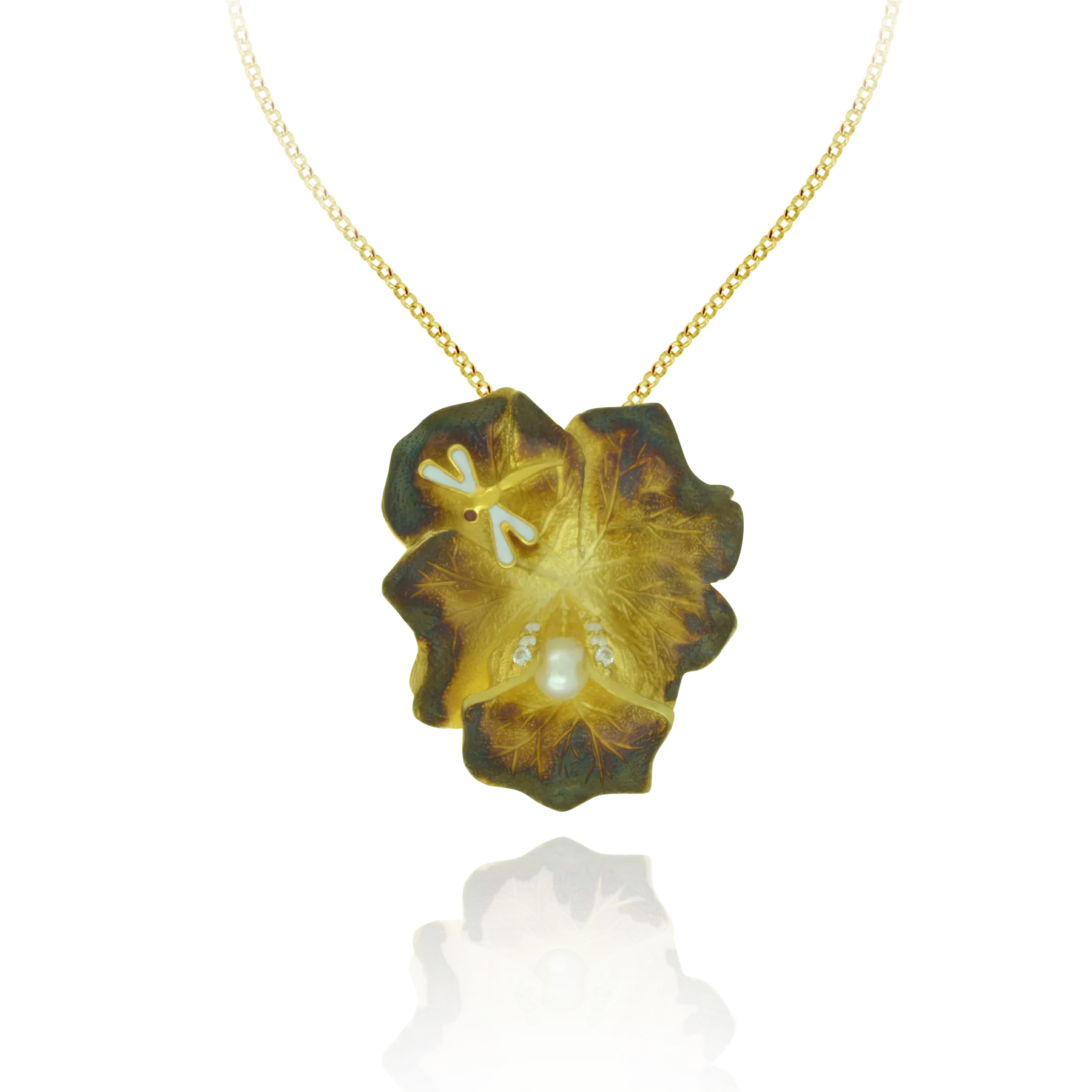 Ember Leaf with Enamel Dragonfly and Accented Pearl Pendant