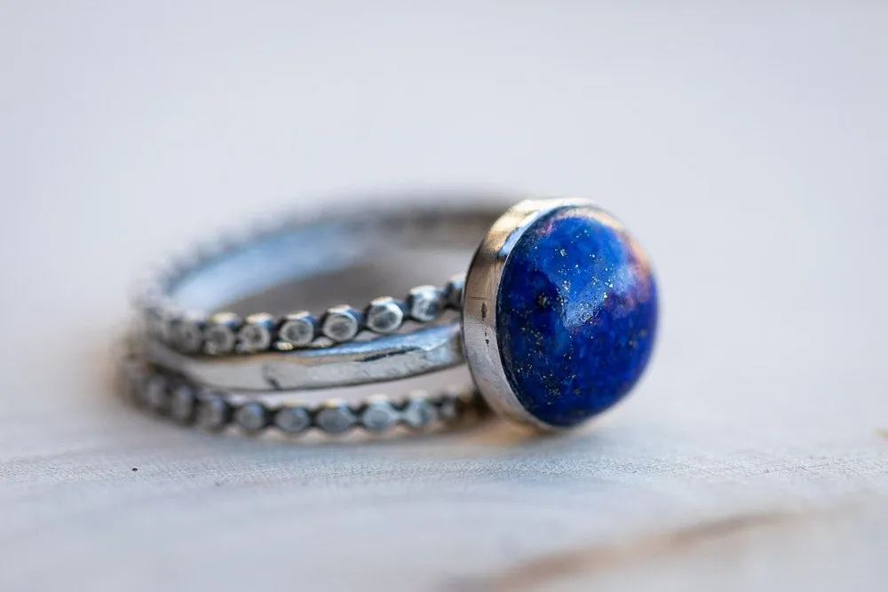 Em'z Blendz Lapis Lazuli Stack Ring Set | Hand-Hammered Solid Fine Silver