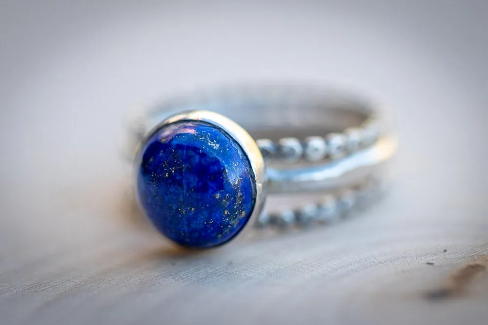 Em'z Blendz Lapis Lazuli Stack Ring Set | Hand-Hammered Solid Fine Silver