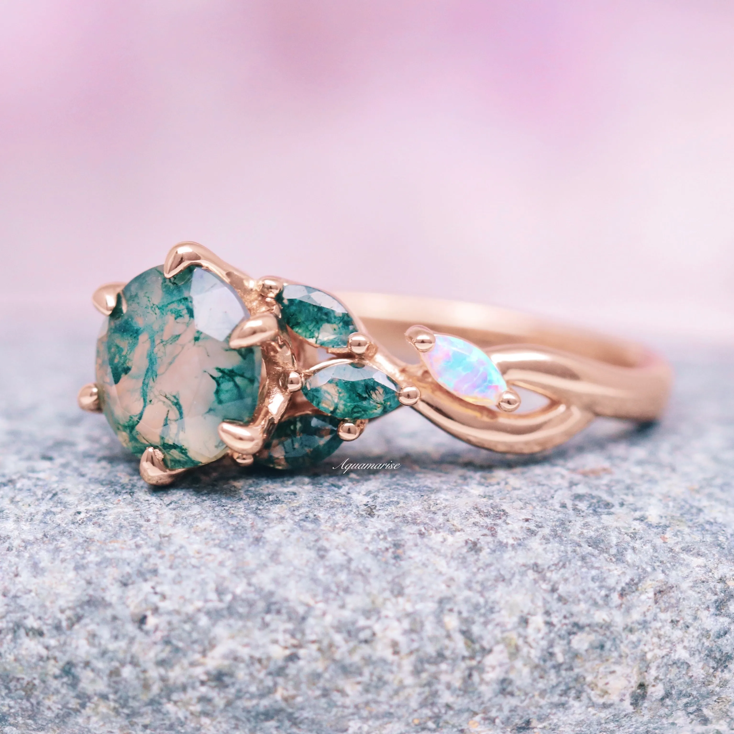 Enchated Garden Green Moss Agate & Fire Opal Ring- 14K Rose Gold Vermeil