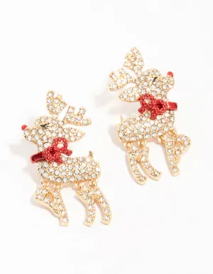 Gold Diamante Red Nosed Reindeer Earrings