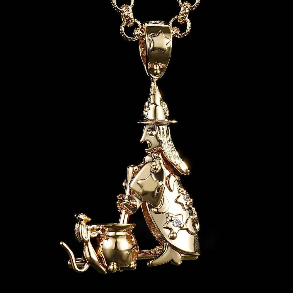 Gold Filled Bonded Witch with Cauldron Pendant 22 Inch 4mm Belcher Chain