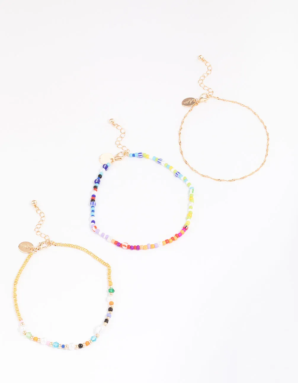 Gold Mixed Beaded & Pearl Anklet 3-Pack