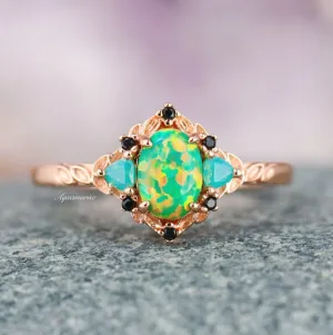 Green Fire Opal & Opalescent Sapphire Leaf Ring- 14K Rose Gold Vermeil