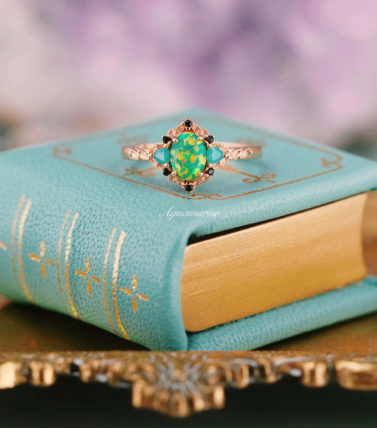 Green Fire Opal & Opalescent Sapphire Leaf Ring- 14K Rose Gold Vermeil